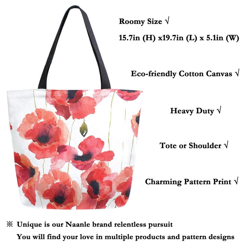 Naanle Poppy Flowers Canvas Tote Bag - Large Women's Casual Shoulder Handbag, Watercolor Poppy Reusable Multipurpose Heavy Duty Shopping Grocery Cotton Bag for Outdoors - Image 2